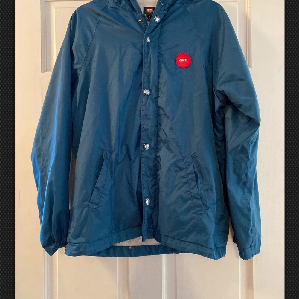 Obey Hooded Turquoise Nylon Jacket Mens Small - Picture 4 of 10